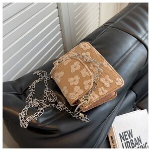 Beige Floral Embroidered Crossbody Bag with Silver Chain